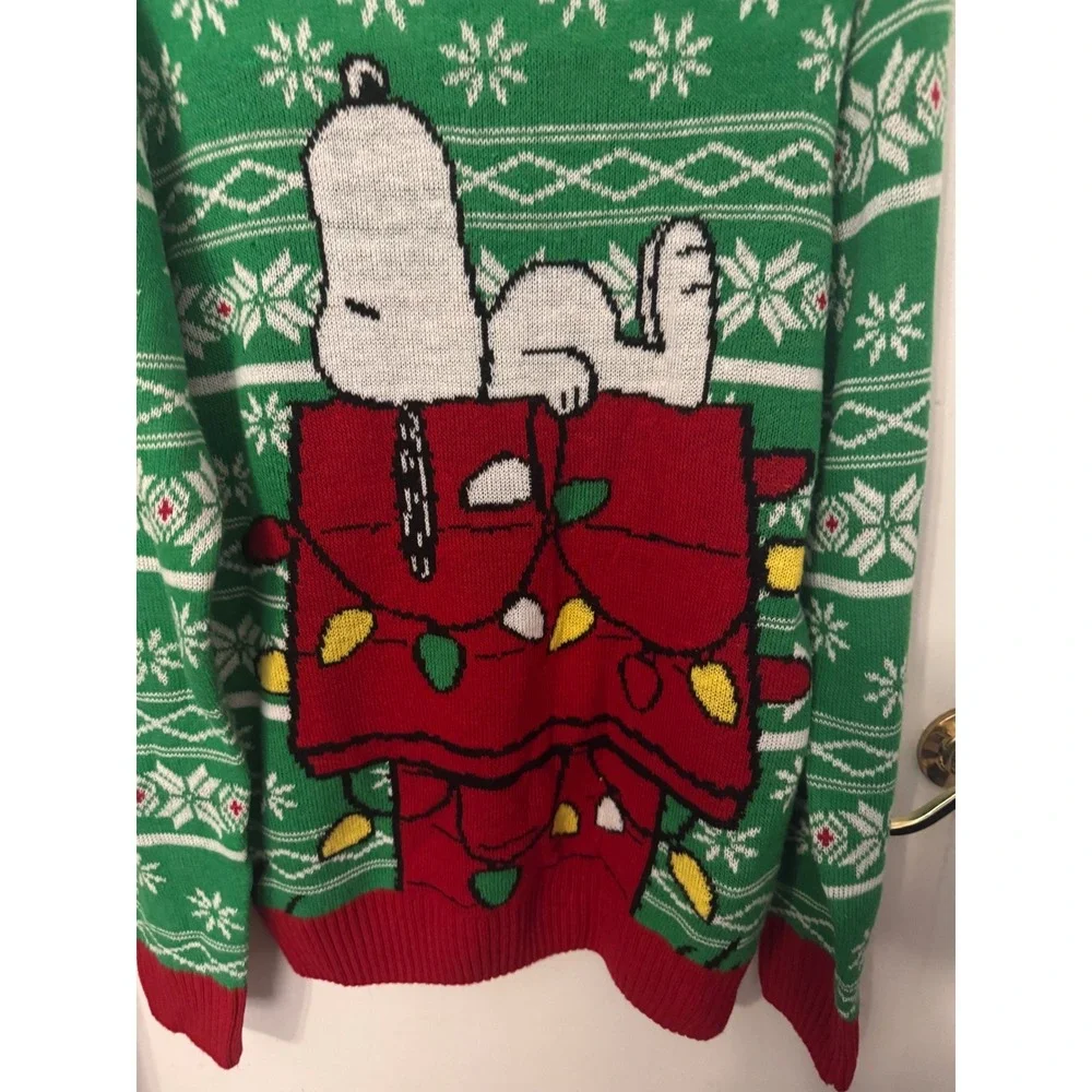 Peanuts Snoopy Ugly Christmas Sweater Green Fair Isle Doghouse Mens Medium 38-40